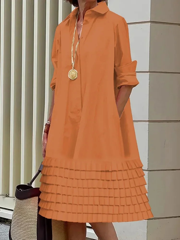 Womens ALine Midi Dresses Autumn Summer Long Sleeves Layered Pleated Pockets Solid Color Lapel Shirt Dress 250728
