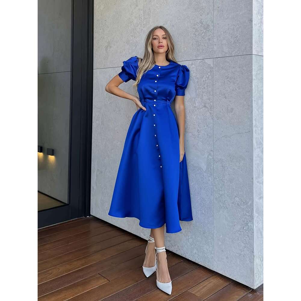 Chic Bubble-Sleeved Sheath Dress: Modern Fashion Statement Evening Wear for Sophisticated Ladies