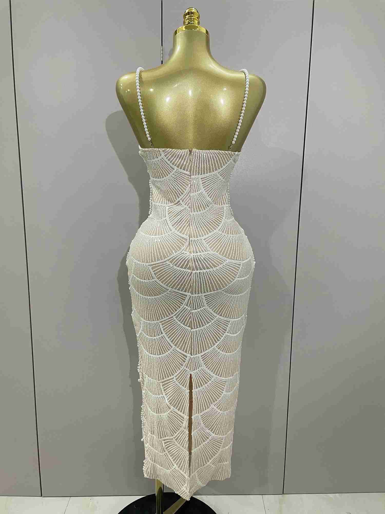 Women Hot Sale Sleeveless Sexy Strap Pearl Beading Sequins Bodycon Long Dress for Celebrating Evening Party Birthday Outfit Vestido Z250728