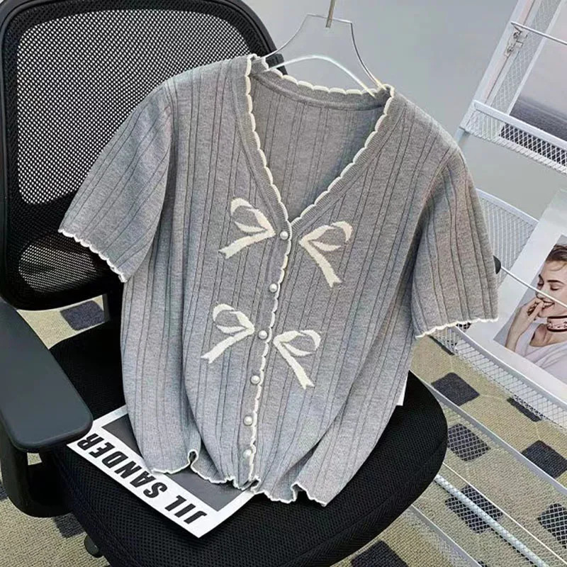Summer Short Sleeve Thin Sweater For Women Korean Fashion Tops Y2K Clothes Woman V Neck Knitted Cardigan Sweaters Female 250728
