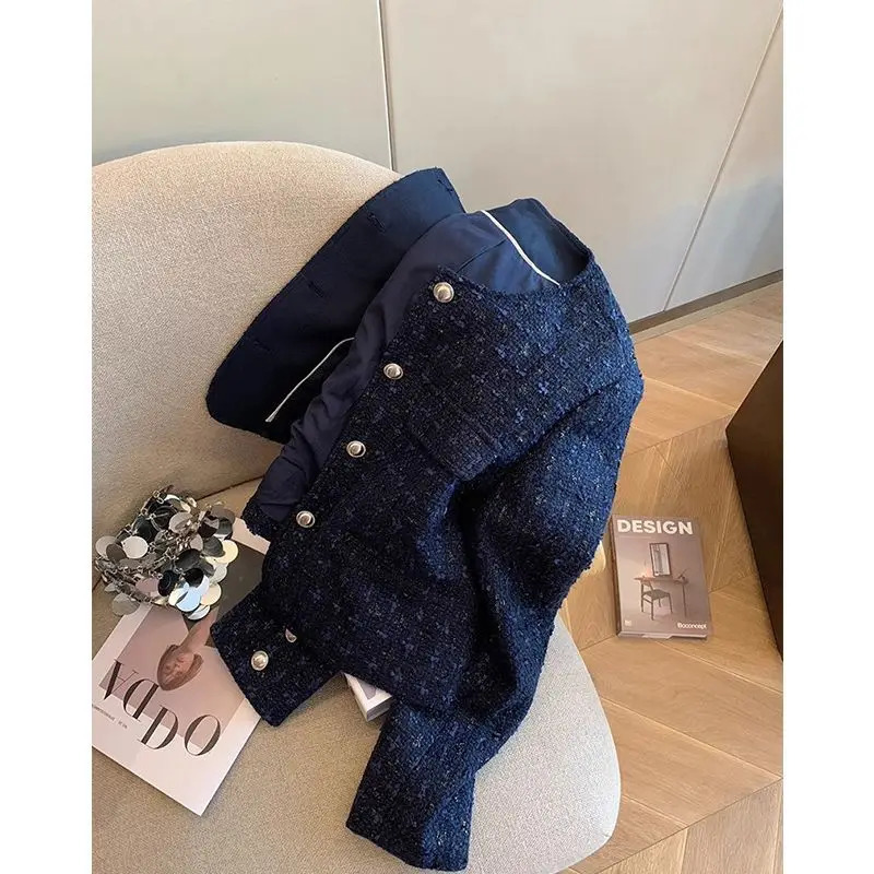 Dark Blue Tweed Short Coat Womens Autumn Fashionable Socialite Western Style Woven LongSleeved Top 250728