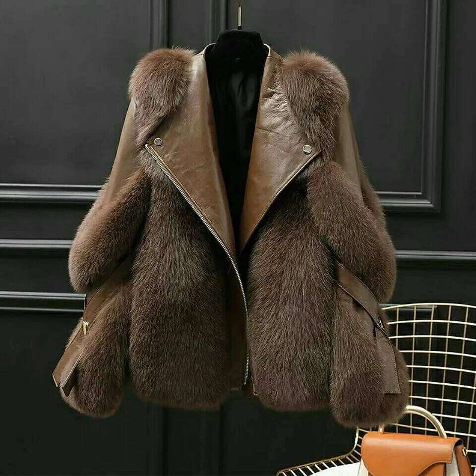 2025 New Autumn Winter Imitation Fox Jacket For Women's Fashion Loose Short Zipper Faux Fur Coat Female Motorcycle Jackets