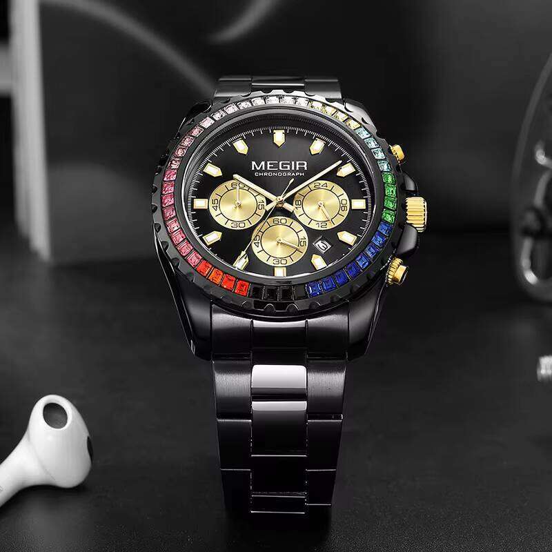 DHwatches MEGIR 2227G Men's Diamond Rainbow Bezel Watch - Waterproof, Luminous, Date, Stainless Steel, 46mm Fashion Quartz Watch