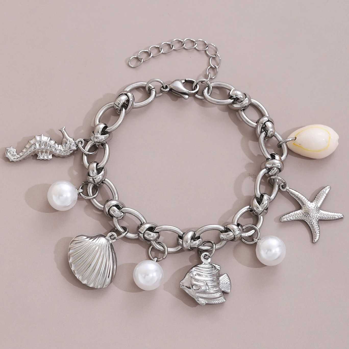 Summer Beach Stainless Steel Bracelets for Women Starfish Shell Ocean Style Pendant Bohemian Jewelry Gift Fashionable Resort Wear W250728