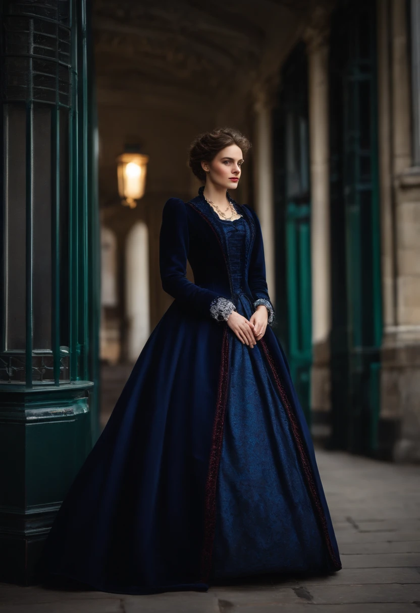 Vintage Renaissance Francais Prom Dresses For Women Navy Velvet Long Sleeves A-Line Medieval Classic Chic Evening Gown Lady Special Occasion Dress