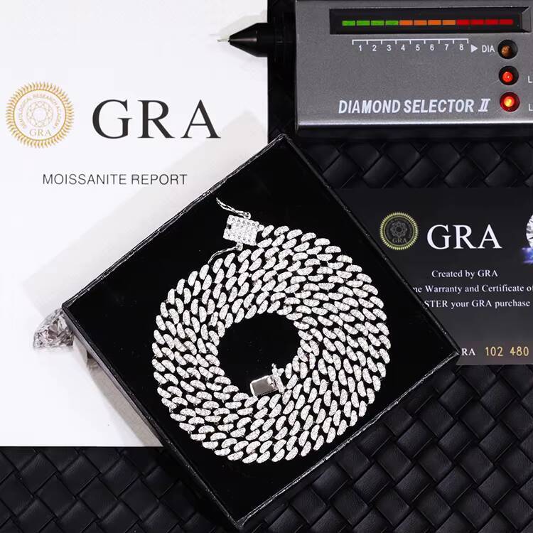 High Quality Hip Hop Chain Iced Out 6mm 10mm Single Row 925 Silver Necklace VVS Moissanite Necklace Cuban Link Chain