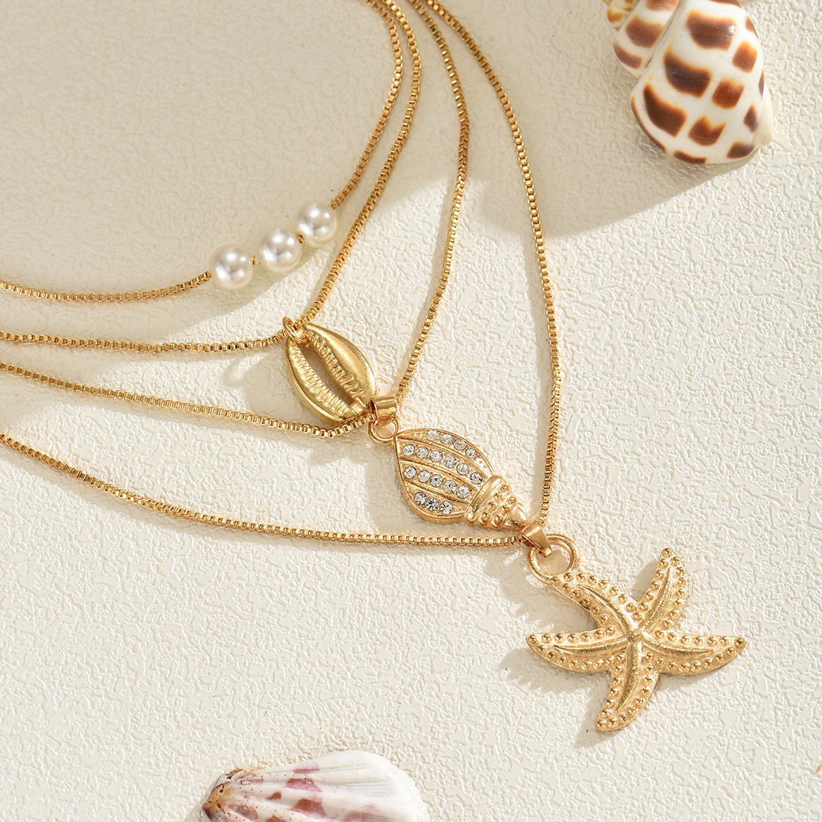 Summer Ocean Vacation Beach Shell Necklace for Women, Conch and Starfish Multi-layer Stacking Necklace, Collarbone Chain Jewelry for Women