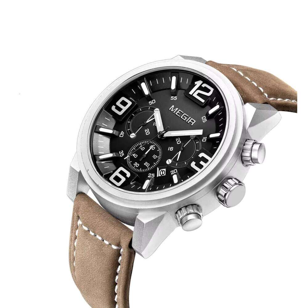 DHwatches MEGIR 3010G Men's Chronograph Watch - 48.5mm Leather Strap, Waterproof, Date, Sport Quartz Watch with Luminous Hands