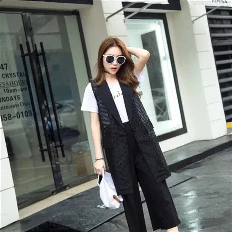 Summer VNeck Collar Black White Suit Blazer Vest Jacket Women Style Sleeveless OL Cardigan Tank Coat 250709