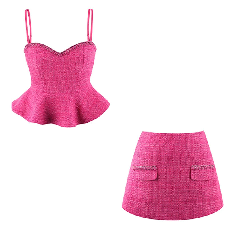 High Quality Tweed 2 Piece Set Women Summer Top Sleeveless Ruffles Slim Waist Mini Skirt Fashion Outfit 250728