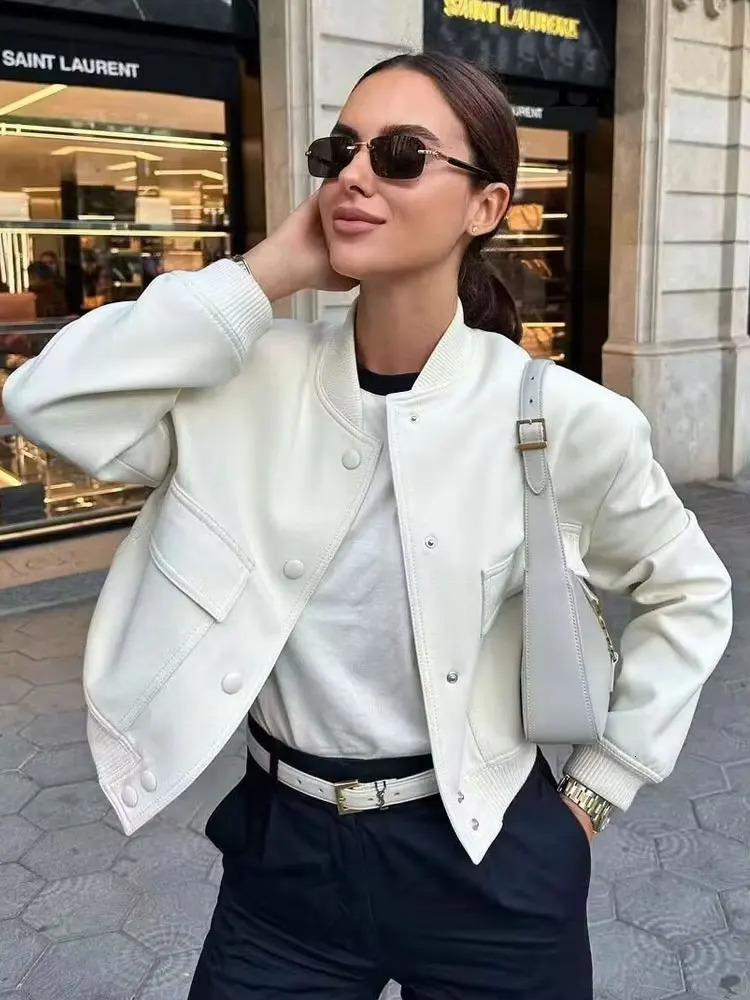 TRZA Women Fashion With Pockets Bomber Jacket Coats Vintage Long Sleeve Front Button Casual Female Outerwear Chic Tops 250717