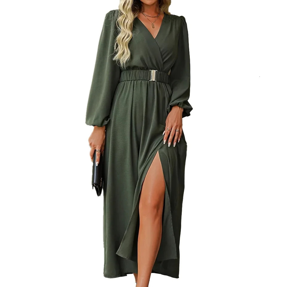 Plus Size Womens Plain V Neck Long Sleeve Split Casual Dresses Beach Holiday Maxi Dresses 250728