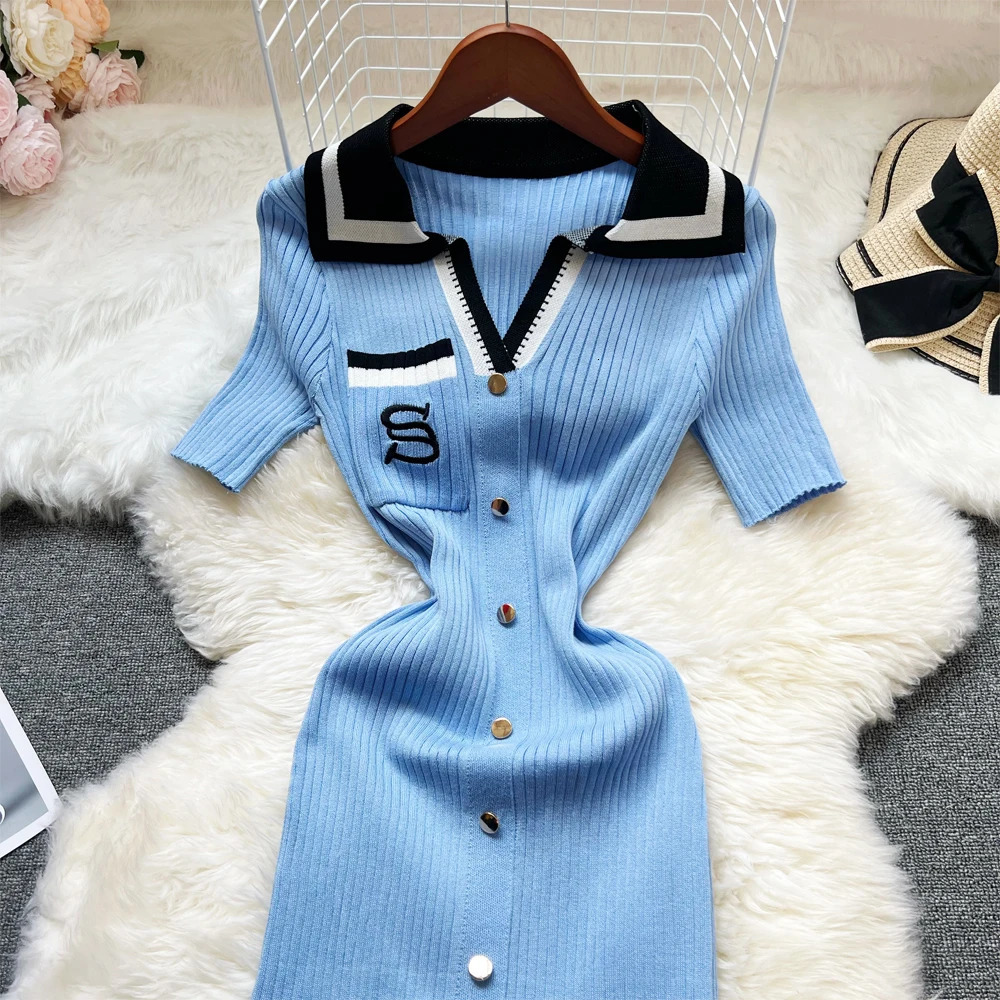 Summer Women Knitted Long Dress Elegant Embroidery Slim Elastic Bodycon Sweater Office Lady Dresses 250728