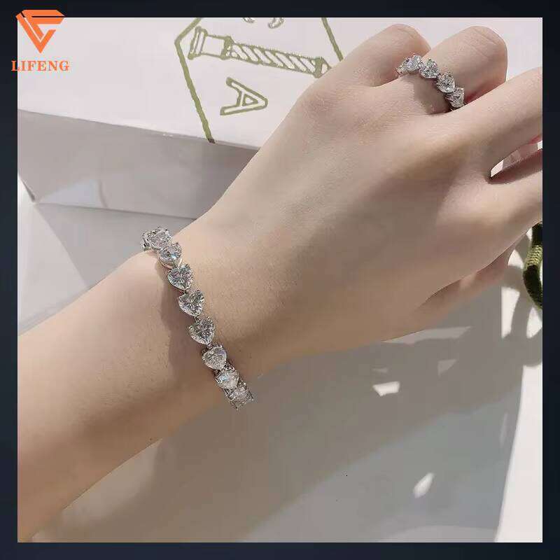 Women Shape 7x7mm VVS Moissanite Dia Tennis Link Chain Bangle Sterling Sier Heart Bracelet