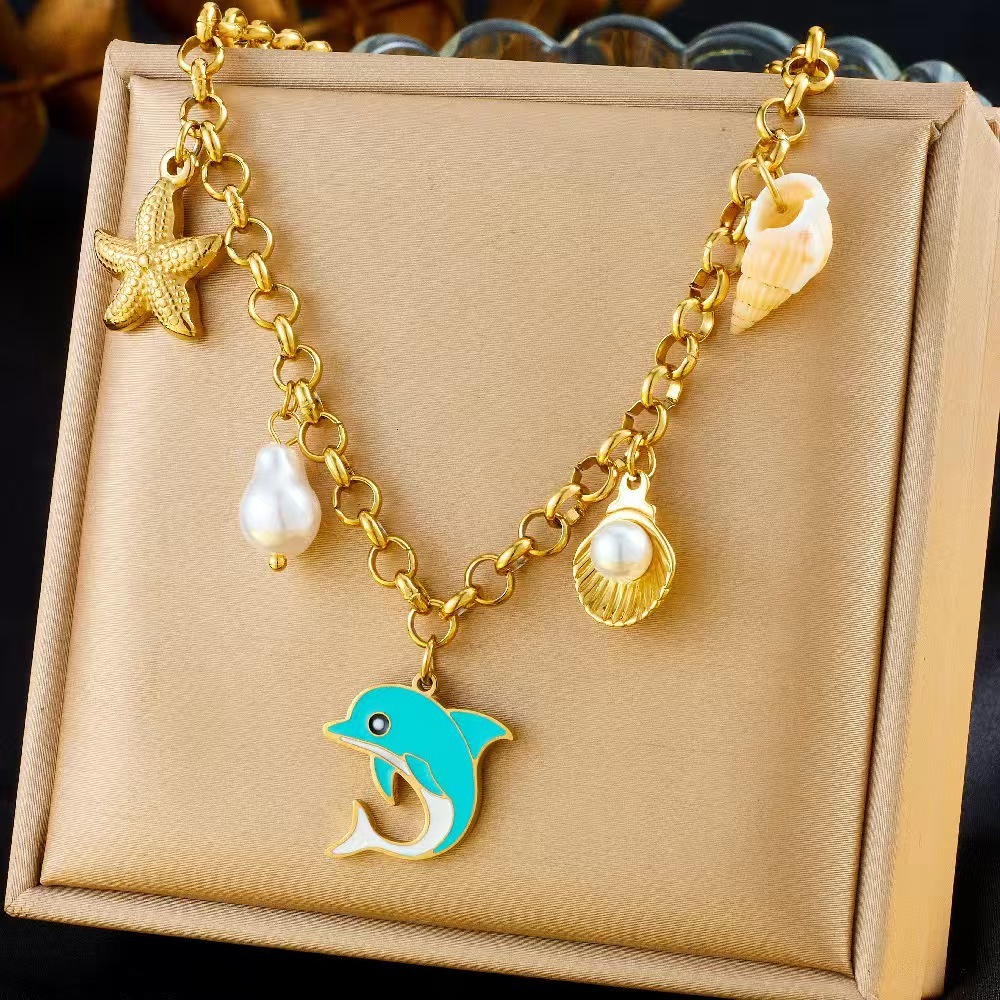 Ocean Series Pearl Starfish Turtle Pendant Stainless Steel Long Necklace Non-Fading Collarbone Chain for Women ddmythur