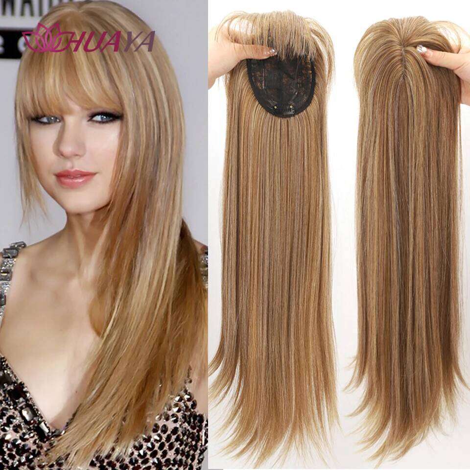 HUAYA Synthetic Women In Piece With Bangs Cover Thinning and White Hairpiece Top Clip on Hair Extension
