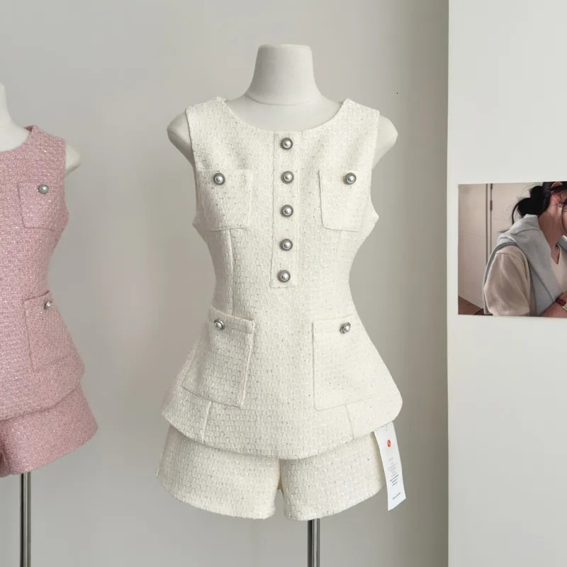 igh Quality Female Tweed Sleeveless Vest Top High Waist Shorts Set Women French Slim Summer Sweet Girl Lady Two Piece Outfits 250728