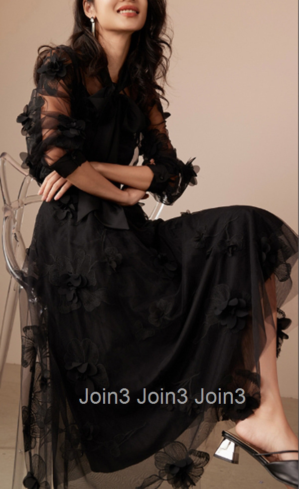 Summer New High Waist Mid-Length Skirt Versatile Lace A-Line Skirt Three-Dimensional Flower Little Black Dress 1691