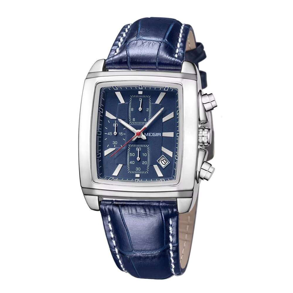 DHwatches MEGIR 2028 Men's Square Chronograph Watch - 39mm Leather Strap, Luminous, Waterproof 30M, Date, Business Quartz Watch