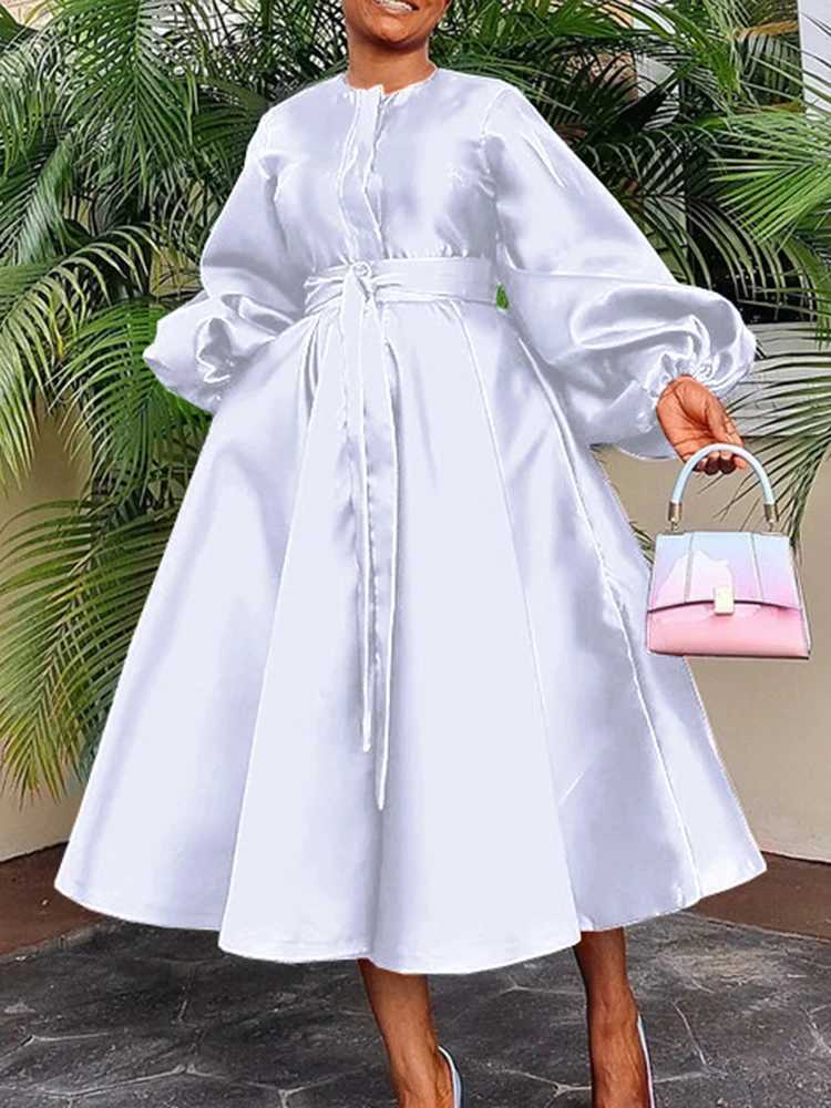 2025 Satin Puff Sleeve Evening Dress for Women Pleated A-Line Round Neck Elegant Party Club Casual Solid Midi Dress with Belt Z250728