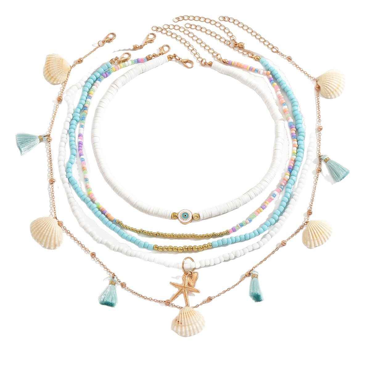 Bohemian Soft Clay Beaded Personality Starfish Shell Pendant Layered Necklace for Women Jewelry for Women