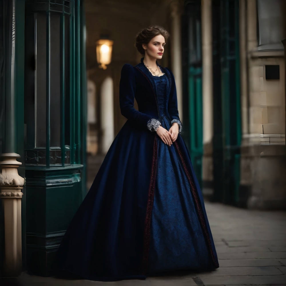 Vintage Renaissance Francais Prom Dresses For Women Navy Velvet Long Sleeves A-Line Medieval Classic Chic Evening Gown Lady Special Occasion Dress