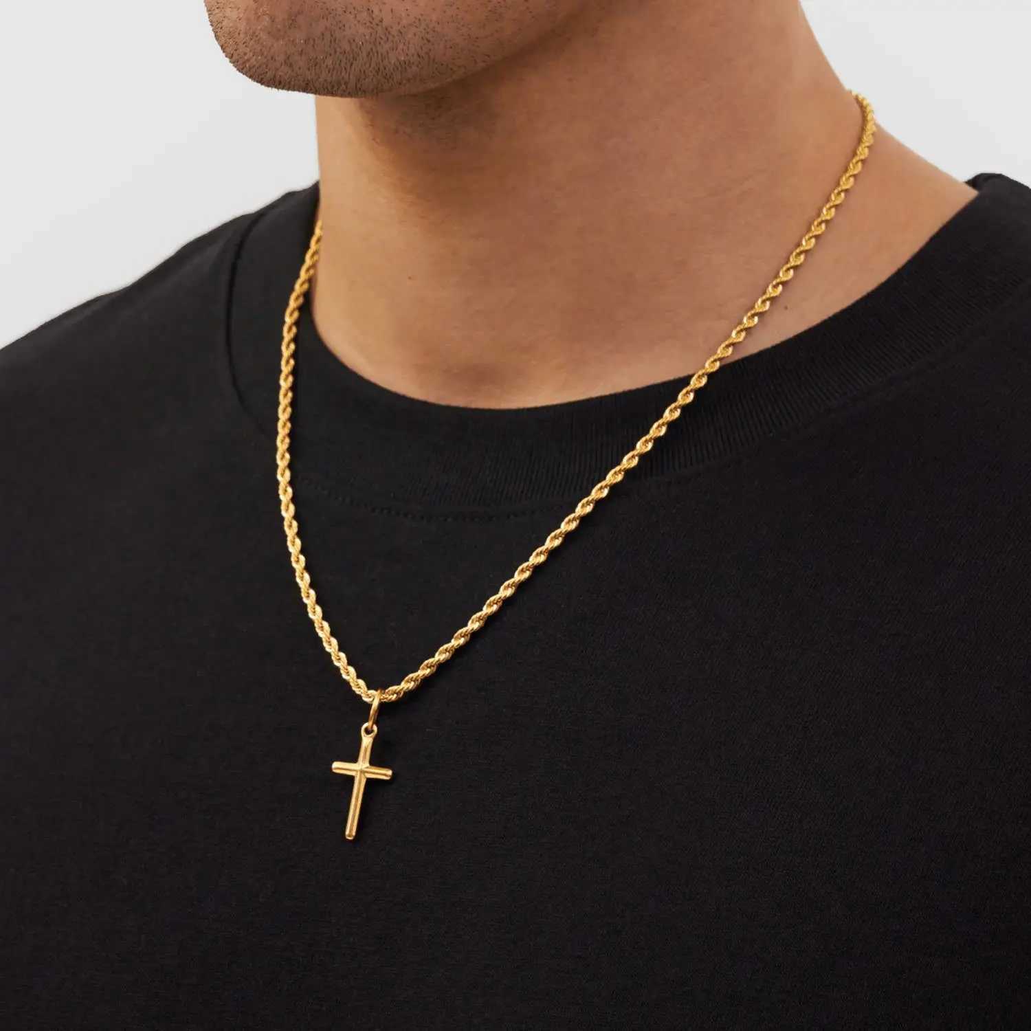 18K Gold Plated Stainless Steel Cross Pendant Necklace for Men Boys Simple Twisted Chain Fashionable Jewelry for Beach Party XJ250708