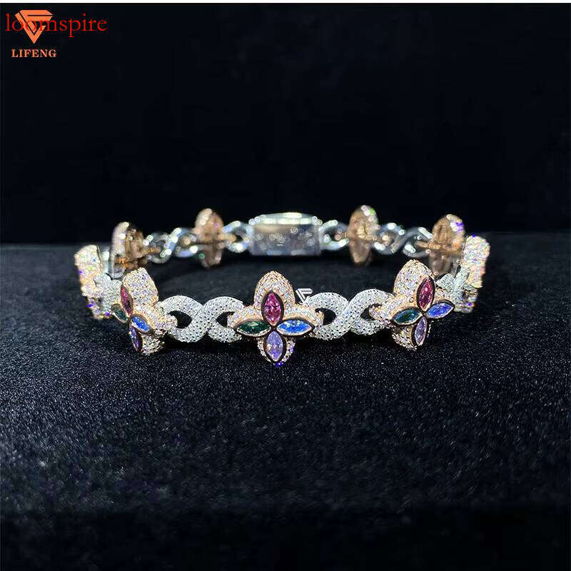 New Design Sier Iced Out VVS Dia Colored Moissanite Bracelet Gold Plated Lucky Clover Bangle for Hip Hop Jewelry