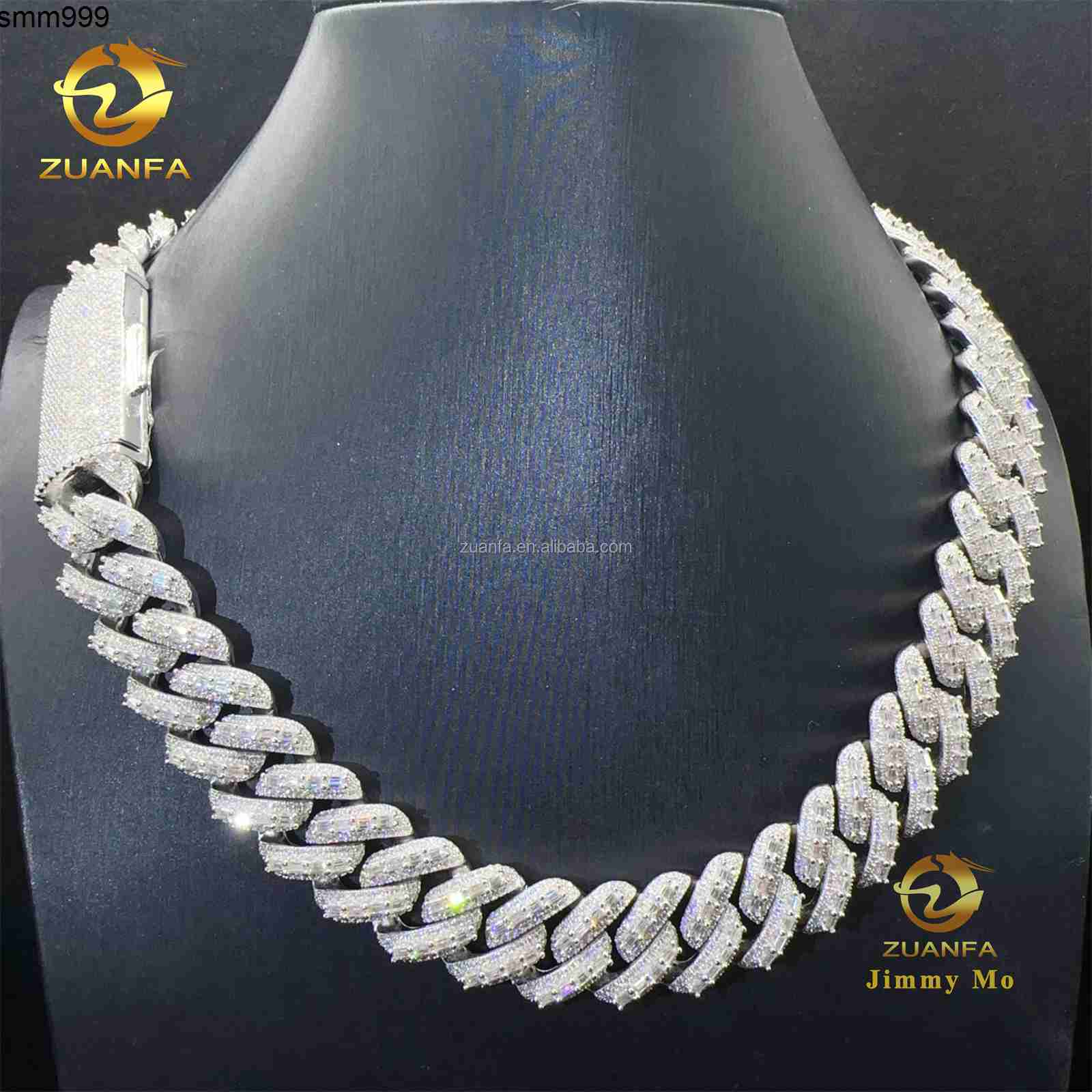 18mm Three Row Stone Luxury Rapper Jewelry 925 Solid Silver Iced Out Hip Hop Baguette Moissanite Diamond Miami Cuban Link Chain