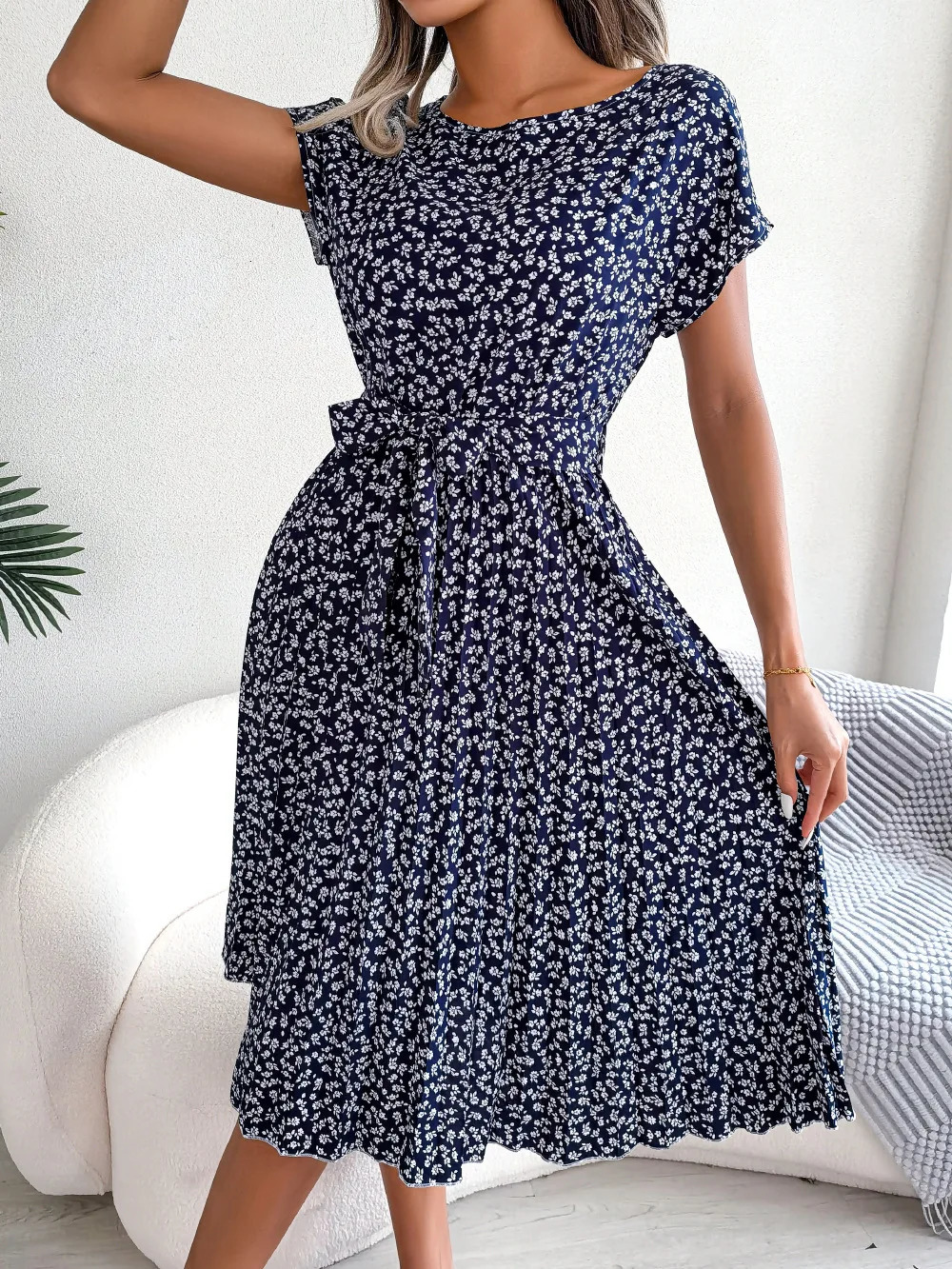 Women Spring Summer Short Sleeve High Waist Chic Dress Fashion Floral Pleated ALine Long Dress 250728