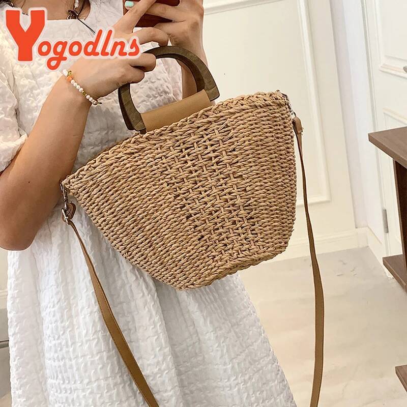 Summer Straw Bucket Female Large Capacity Beach Bags Rattan Handmade Crossbody Vacation Tote Woven Handle Bag
