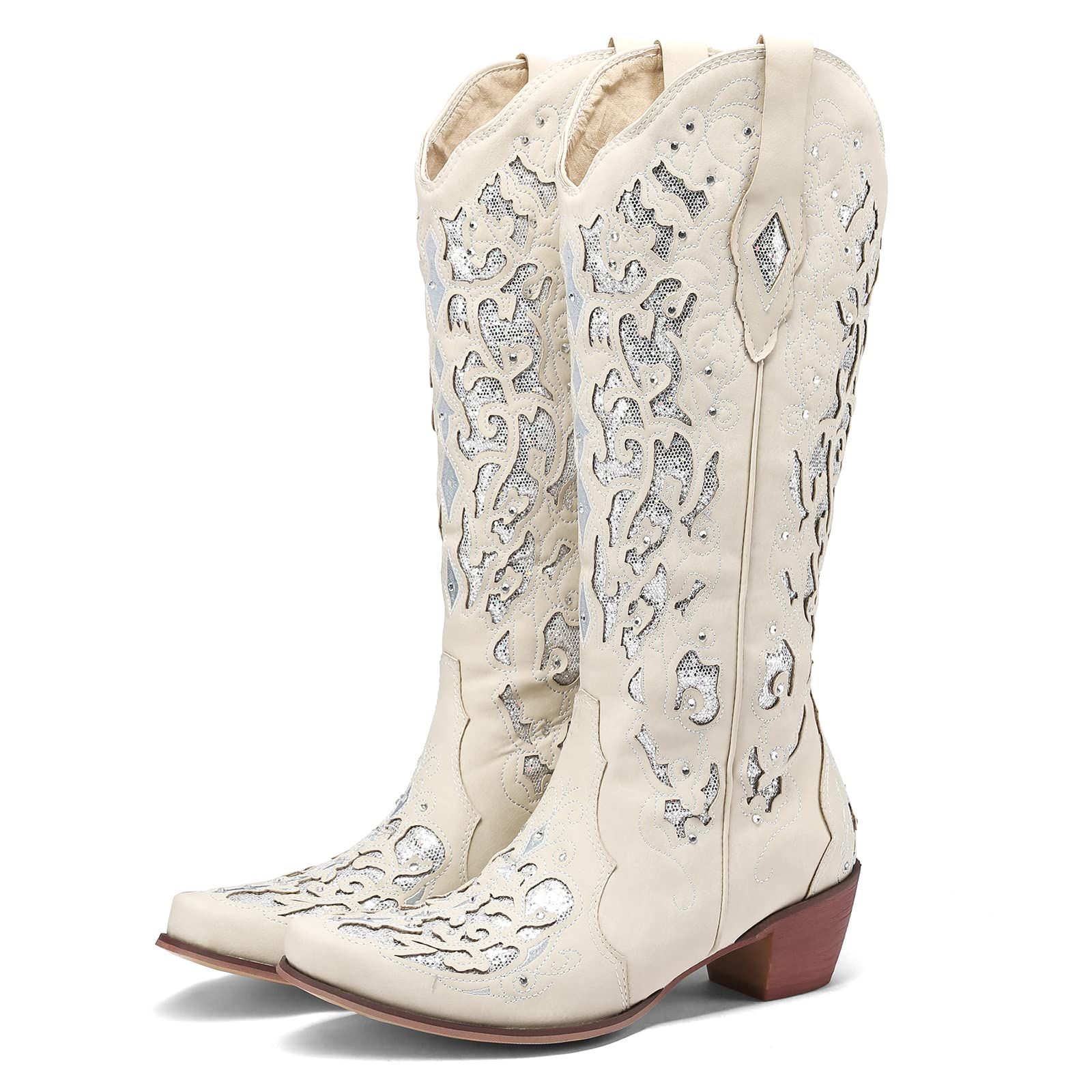 ARQA Cowboy Boots for Women Wide Calf Western Knee High Boots with Rhinestone Chunky Heel Embroidered Cowgirl Boots