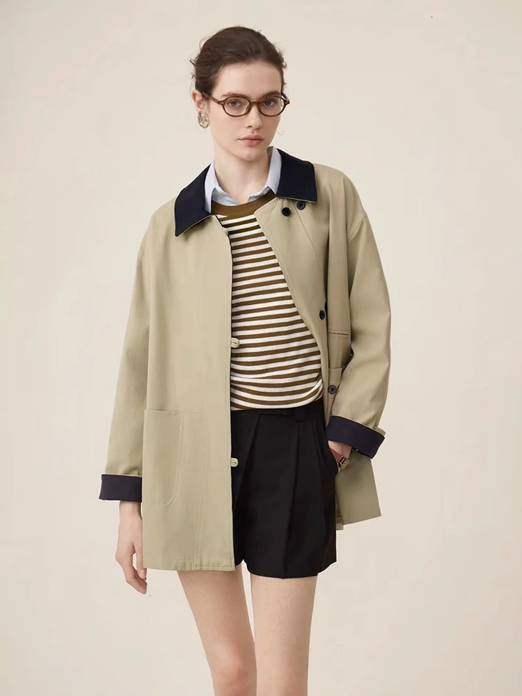 British Style Womens MidLength Trench Coat Contrast Collar Double Breasted Loose Fit Windbreaker Spring Casual Jacket 250728