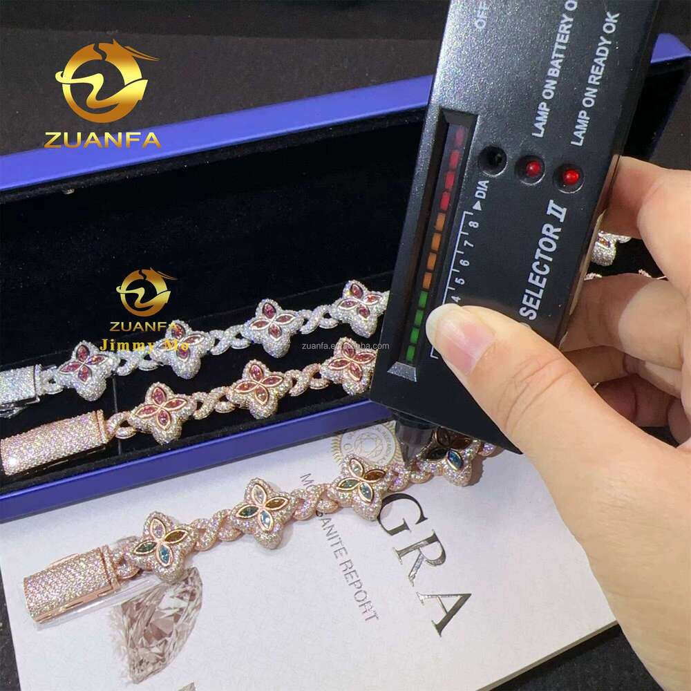 18mm Fashion Sier Marquise Flower Design Hip Hop Jewelry Iced Out Moissanite Dia Infinity Cleef Clover Cuban Bracelet