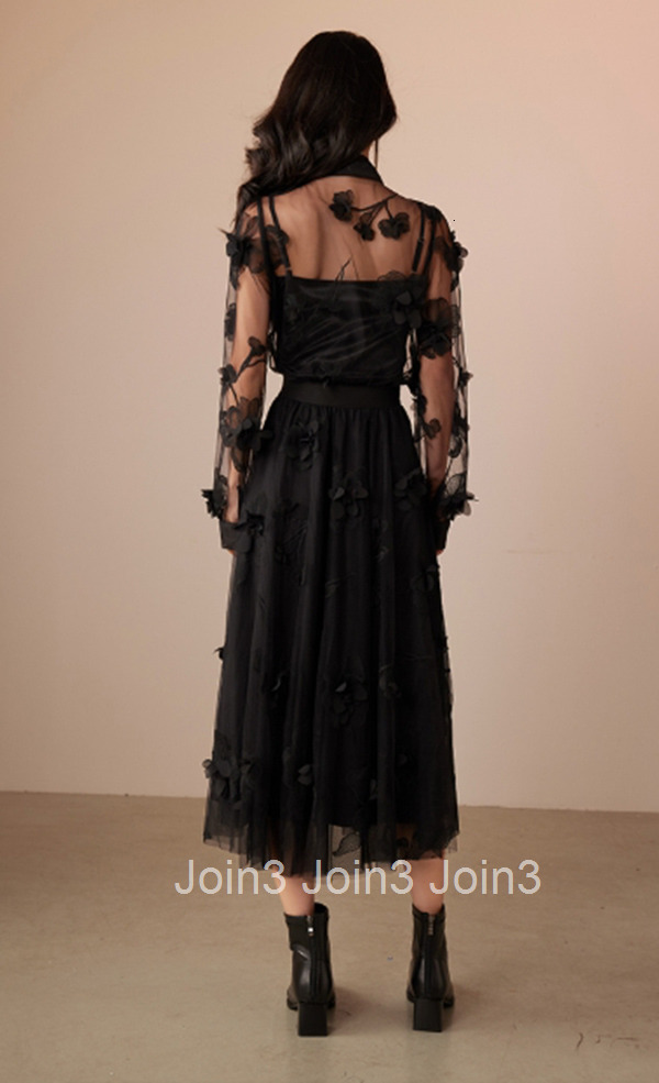 Summer New High Waist Mid-Length Skirt Versatile Lace A-Line Skirt Three-Dimensional Flower Little Black Dress 1691