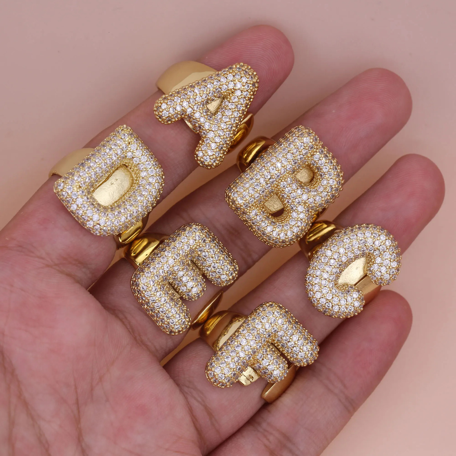 Fashion Versatile Plated Gold Copper White Zircon 26 English Letter Big Rings for Men Women Daily Wearing Jewelry 250723