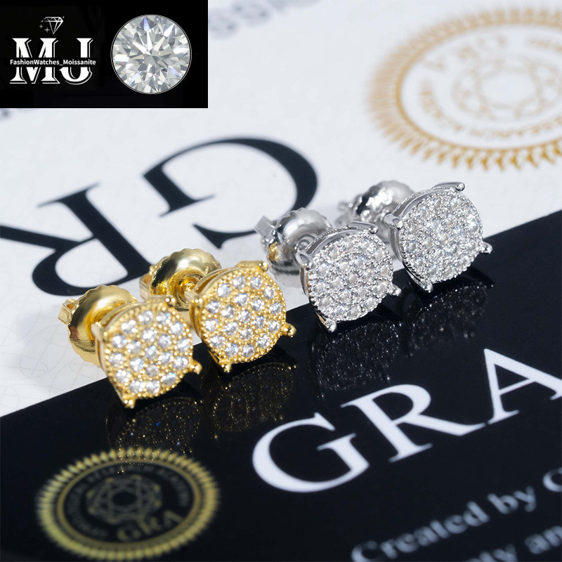 Mens Hip Hop 14 Moissanite Dia Earrings Designer sterg sier Jewelry Ear Stud Womens Fashion Gold Round Zircon Earring For Men Women HIPHOP
