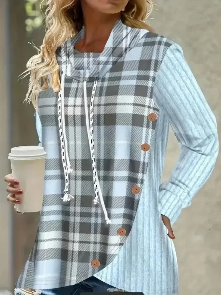 Women Plus Size 1XL5XL Casual Hoodie Sweatshirt Pullover Womens Colorblock Plaid Print Long Sleeve Drawstring Hoodie 250728