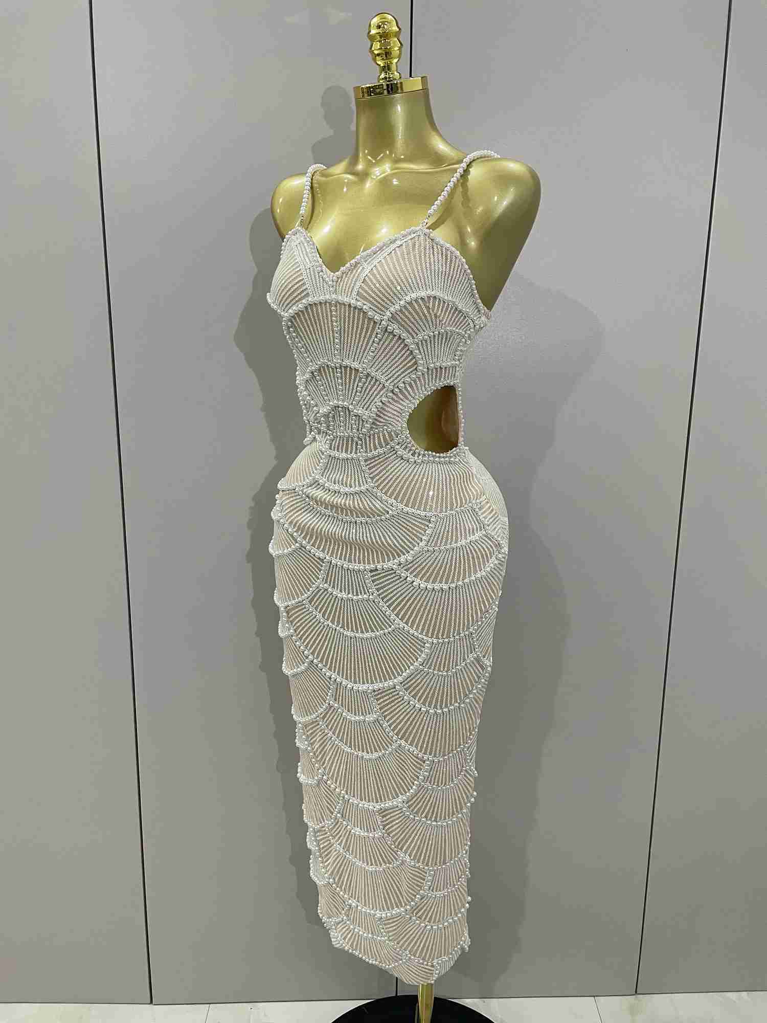 Women Hot Sale Sleeveless Sexy Strap Pearl Beading Sequins Bodycon Long Dress for Celebrating Evening Party Birthday Outfit Vestido Z250728