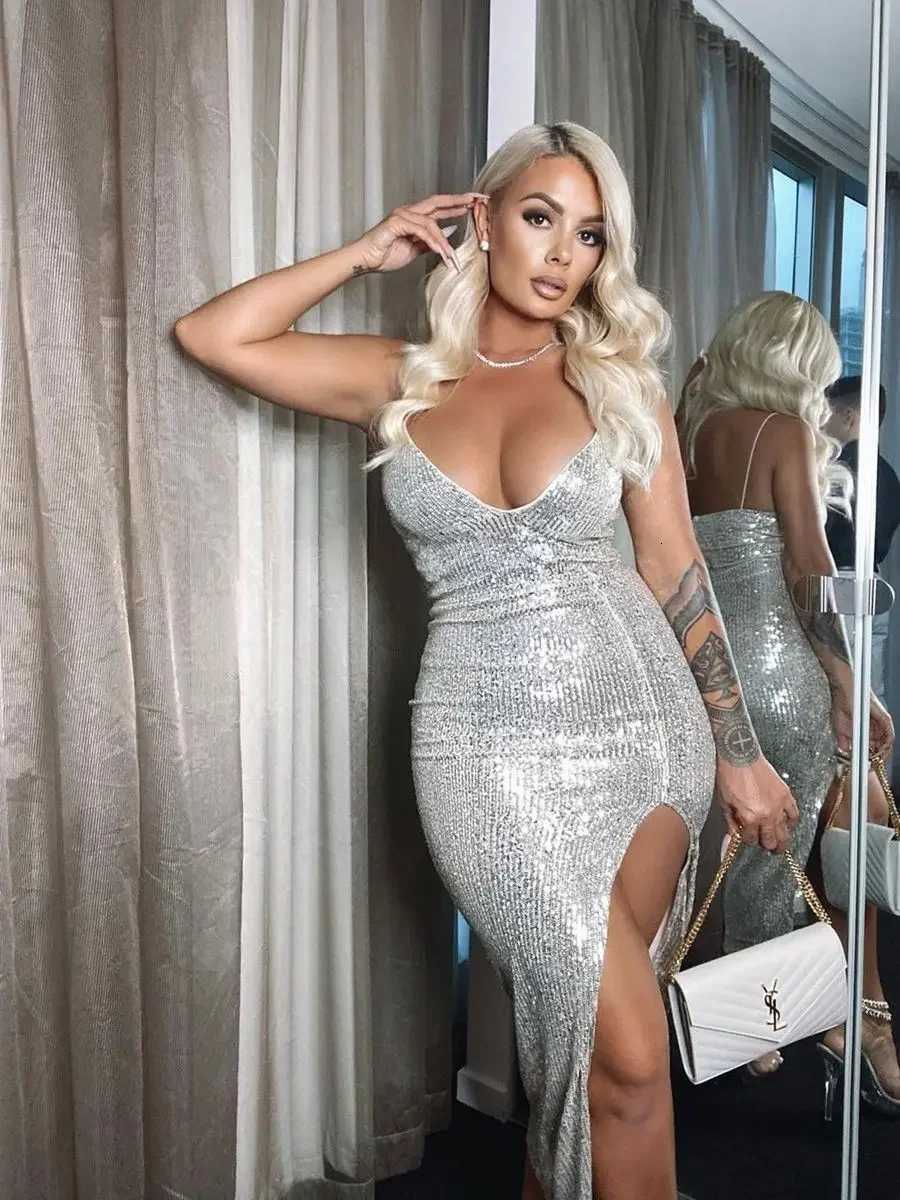 Combhasaki Womens Sexy Evening Party Sequined Glitter Silver Deep V-neck Thin Spaghetti Straps High Split Bodycon Long Dress Z250728