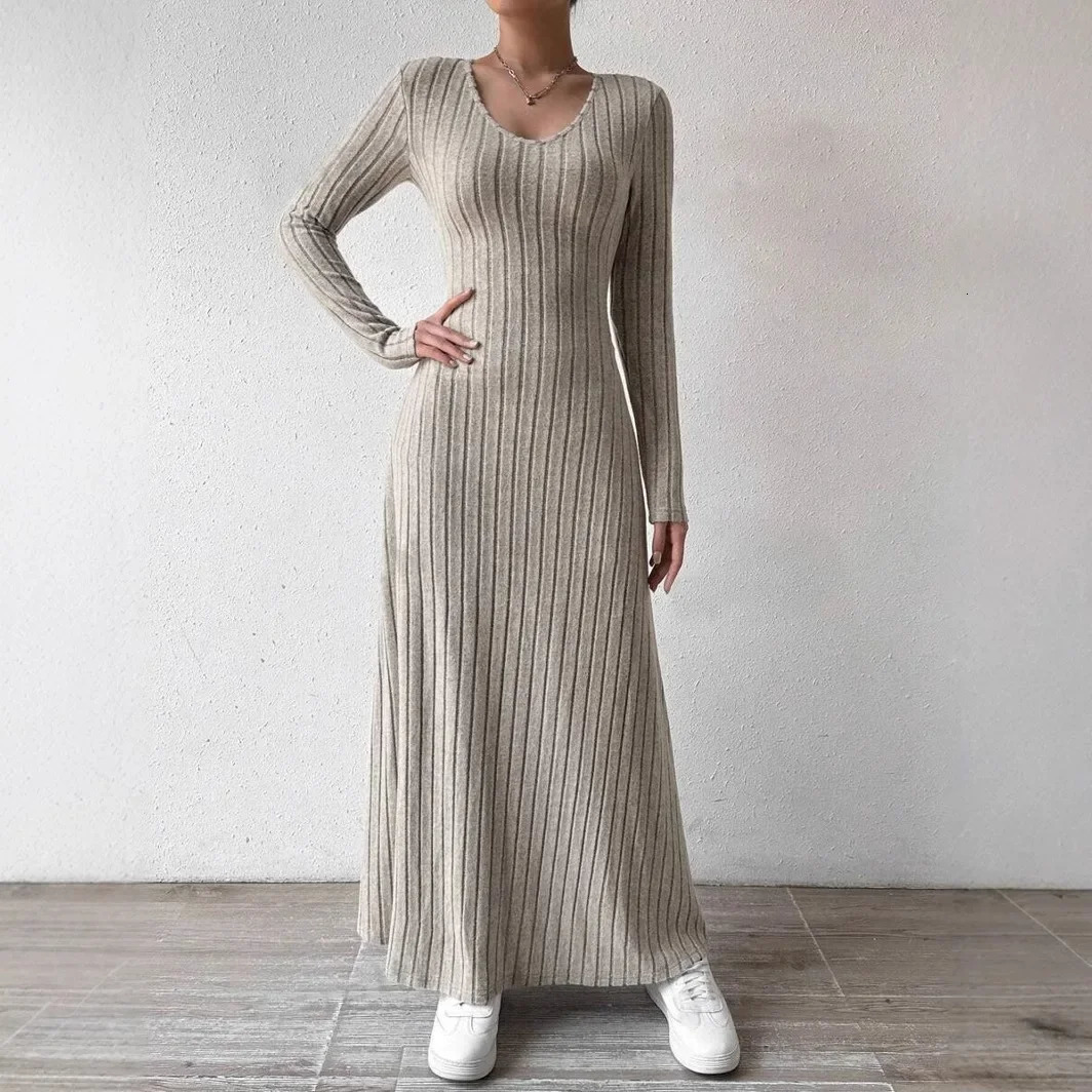 Fashionable Knitted Long Sleeve ALine Streetwear Dress For Women Smooths And Slims Your Silhouette Solid Color Dress 250728