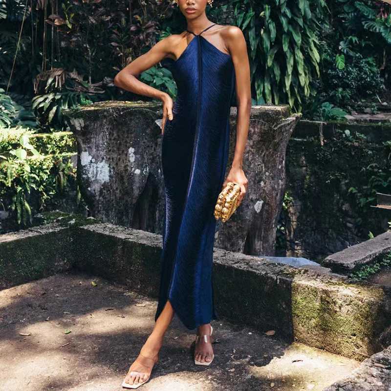 Sexy Hollow Out Sleeveless Tassels Womens Dress Fashion Halter Slim Solid Color Long Dress Elegant High Waist Split Party Dress Z250728