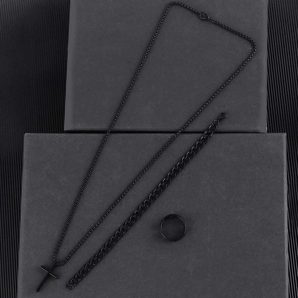 3pcs Set Mens Stainless Steel Metal Cross Pendant Chain Necklace Bracelet Ring Jewelry Male Hip Hop Daily Wear Accessories 250715