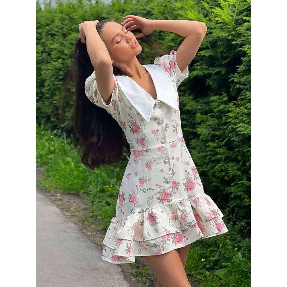 Designer Clothing 2025 Flower Printed Lapel Mini Dress Women Casual Daily Sleeved V Neck A-Line Fluffy Short Vestido 2025 New Summer Holiday Robe