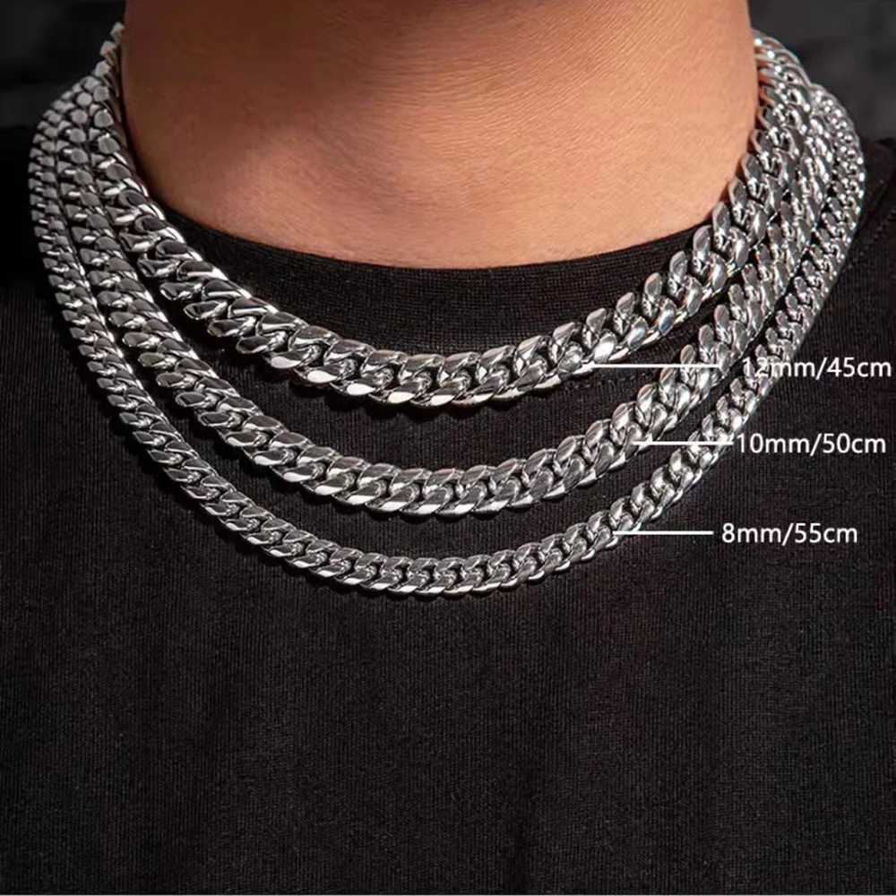 316L Stainless Steel Cuban Link Chain Necklace Bracelet for Men 8MM-12MM Wide Thick Punk Hip Hop Accessories MaleXJ250708