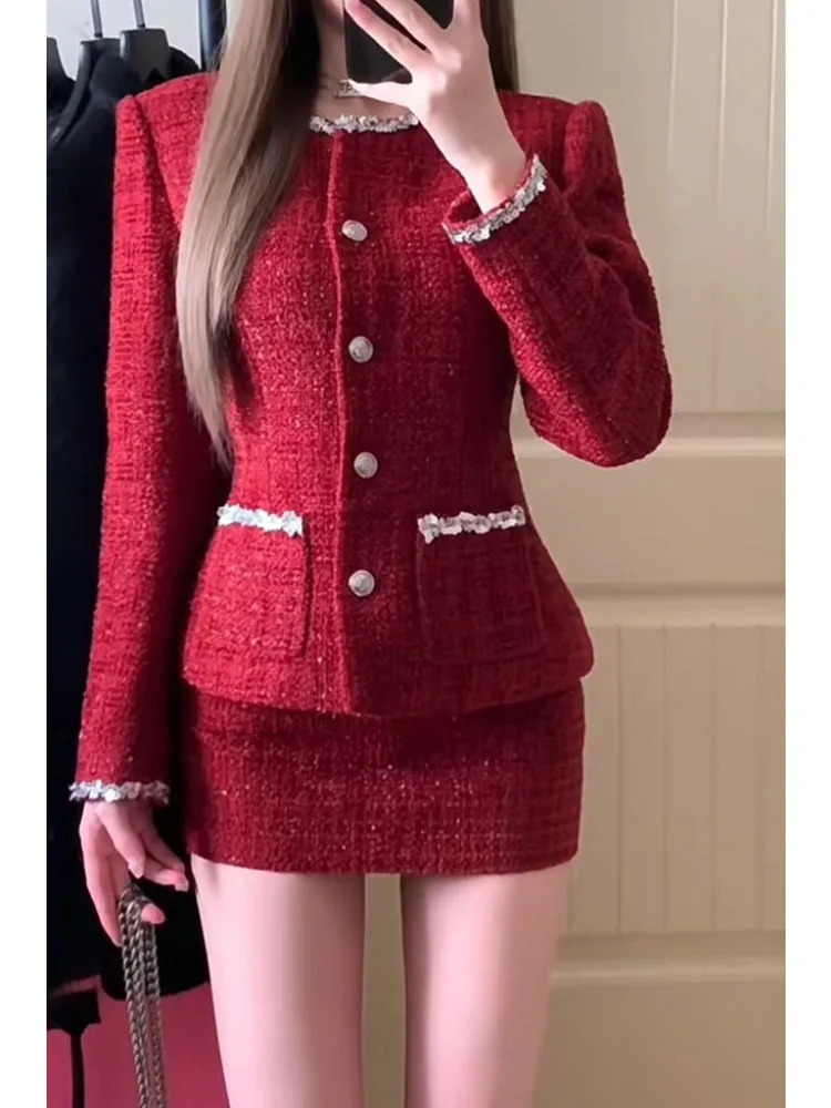 Two Piece Set Women Red Tweed Suit with Blazer and Skirt Lace Detail Buttons Chic Fashion for Casual Formal Events 250728