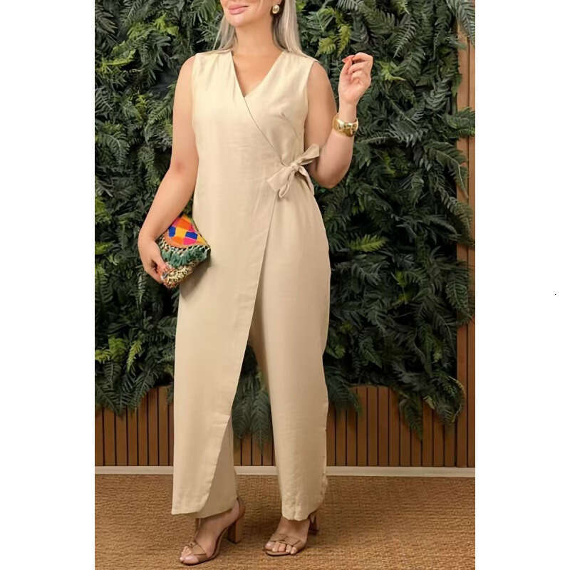 2025 Spring Summer New Cross-Border Trade Independent Station Women's Solid Color Casual V-Neck Tie Jumpsuit