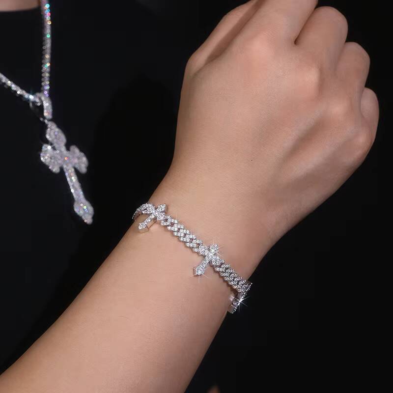 Custom Moissanite Cross Cuban Bracelet S925 Silver with 18K Gold Plating Certified Pass Diamond Tester Iced Out Hip Hop Jewelry