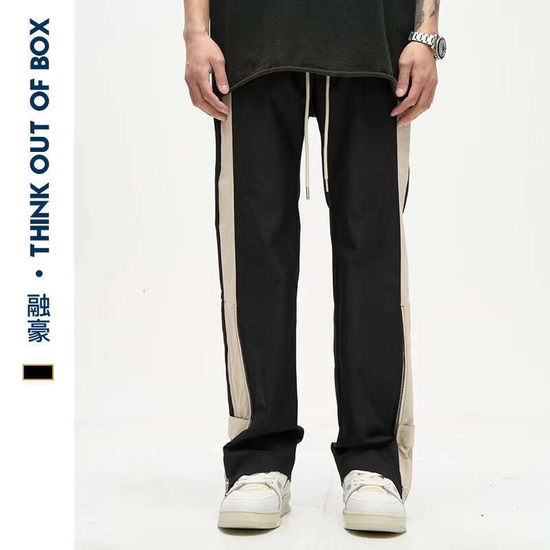 American Style Vibe Striped Patchwork Double Zipper Casual Long Men's High Street Design Versatile Straight Pants B5