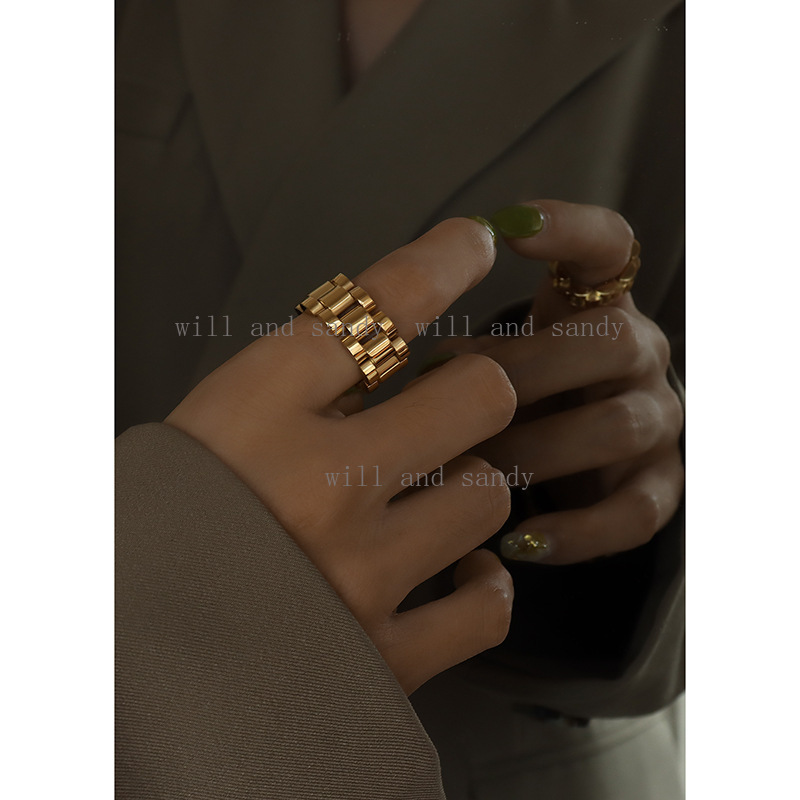 Mechanical Heavy 18K Gold Watchband Chain Ring Band Designer Jewelry No Tarnish Stainlss Steel Finger Tail Rings for Women Men Gift Fine Jewelry